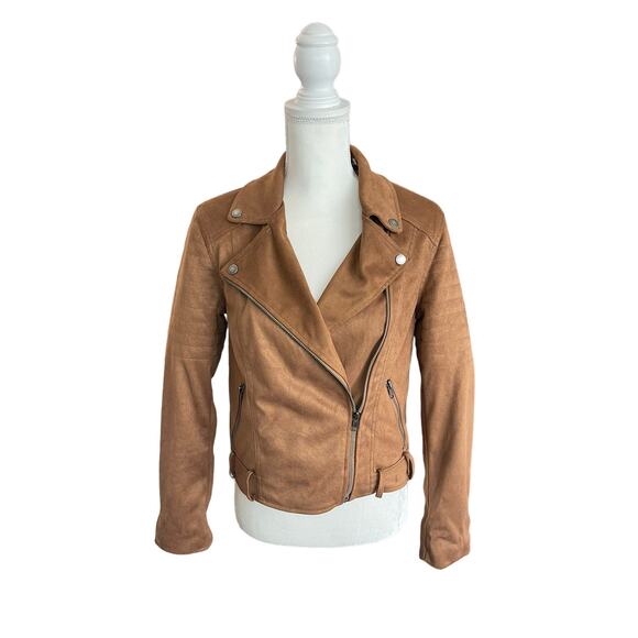 Cupcakes and Cashmere Faux Suede Moto Jacket Brown Tan Buckle Zip Size Small - Picture 4 of 14